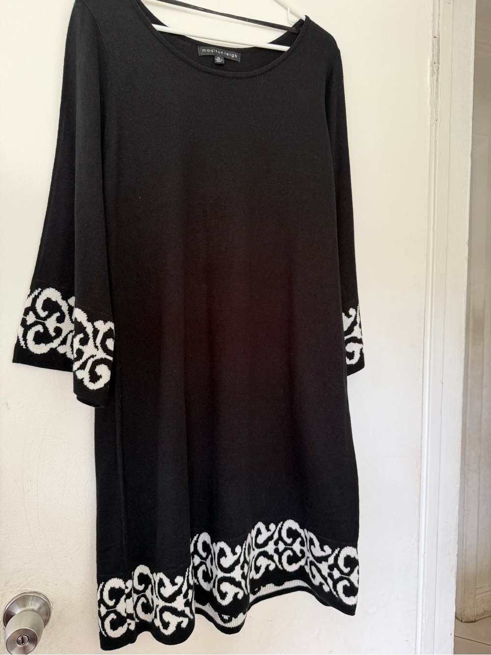 Black Long-Sleeve Knit Dress with White Scroll Trim